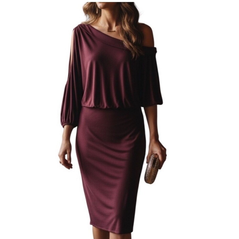 Black Halo Leto Jersey Puff One-Shoulder Burgundy cocktail Dress